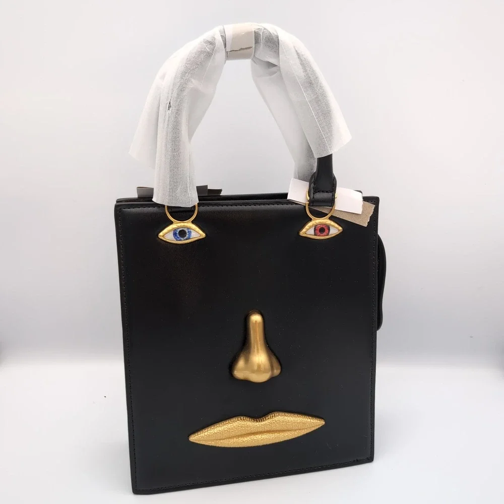 Schiaparelli Inspired Face Bag Black Gold Eyes Nose Lips Handbag Purse w Strap